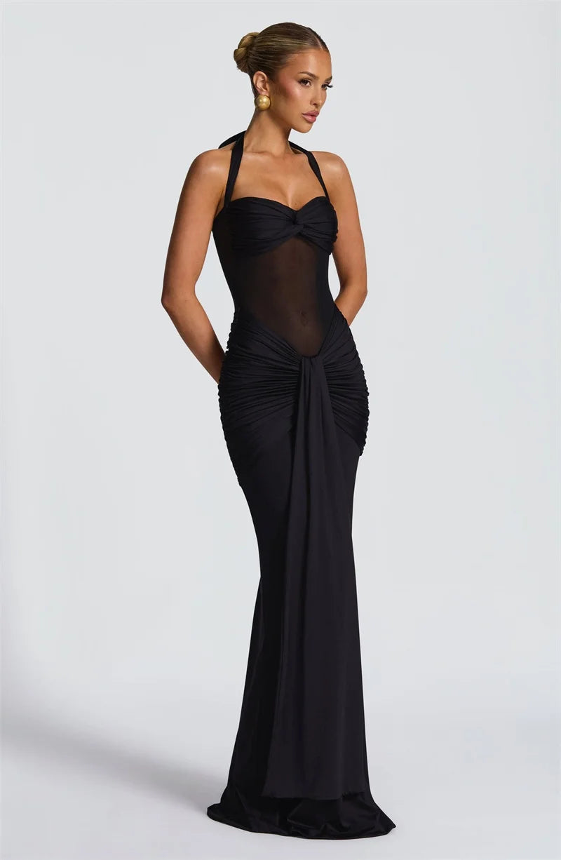 Mozision Halter Backless Sexy Maxi Dress Women Fashion Patchwork Off-shoulder Sleeveless Ruched Draped Bodycon Club Party Dress