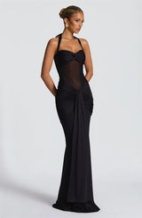 Mozision Halter Backless Sexy Maxi Dress Women Fashion Patchwork Off-shoulder Sleeveless Ruched Draped Bodycon Club Party Dress