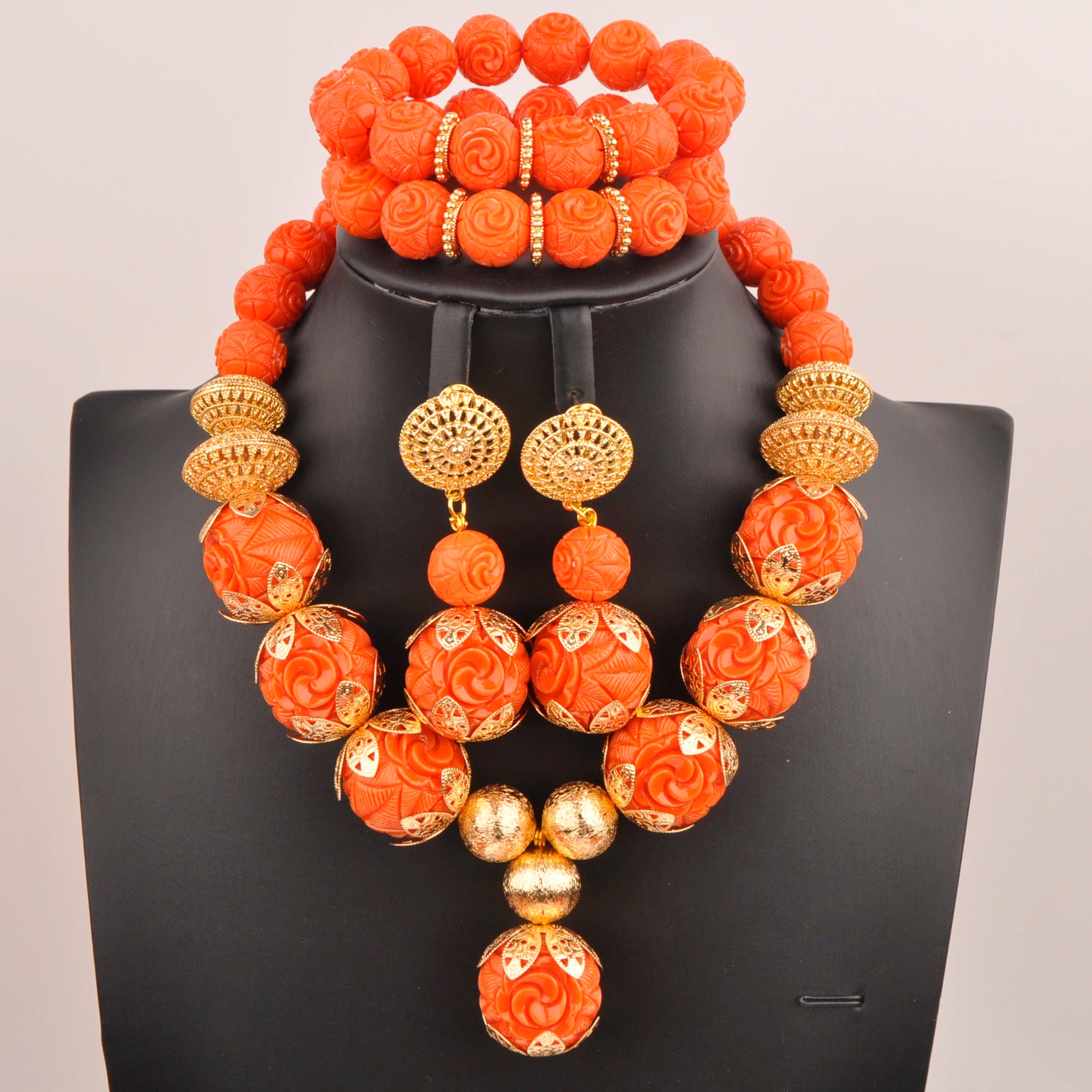32inches 2Layers orange artifinal nigerian coral bead jewelry set wedding