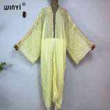 WINYI 2023 Women Bohemian Gold Thread Monochrome Elegant Casual Dress African Cardigans Outerwear For Women Summer Sexy Kimono