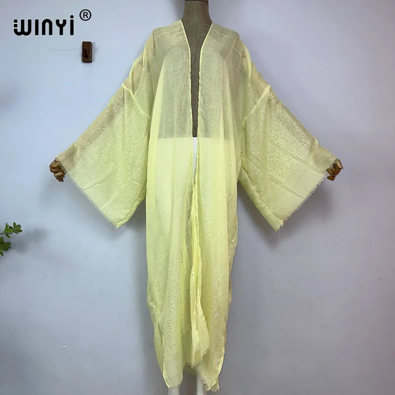 WINYI 2023 Women Bohemian Gold Thread Monochrome Elegant Casual Dress African Cardigans Outerwear For Women Summer Sexy Kimono