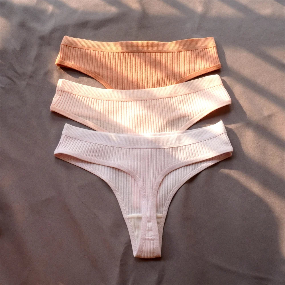 3 Pcs Seamless Ladies Ribbed Cotton Thong Simple Women's Low Waist Bikini Briefs Sports Girls Underwear Plus Size