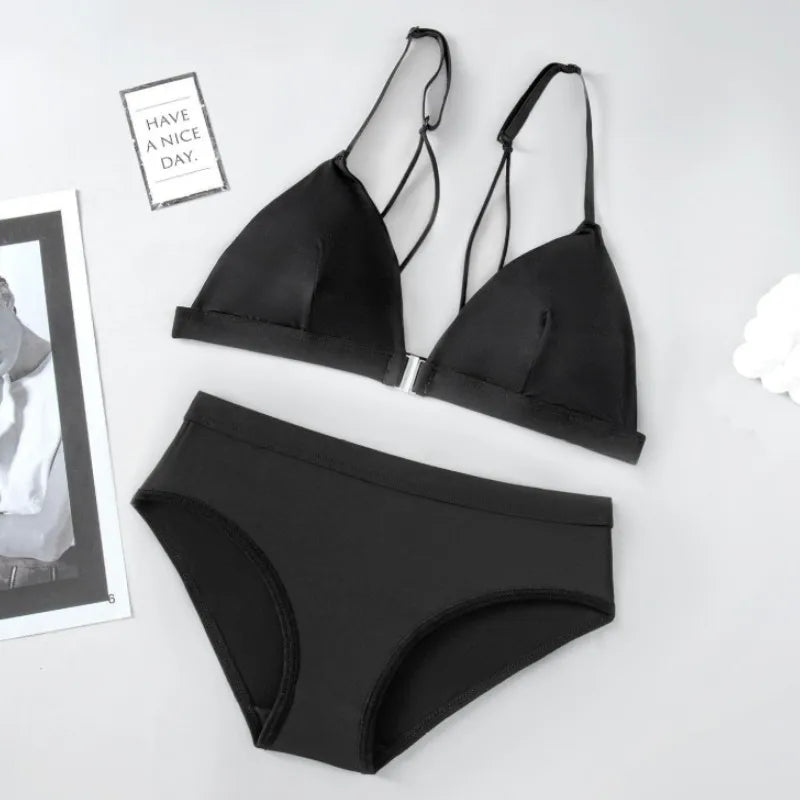 Women Front Closure Bra Set Silky Sexy Lingerie Low Waist Panties Female Push Up Bra Wireless Brassiere Seamless Underwear
