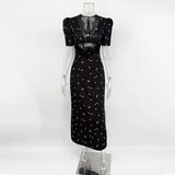 Sexy Hollow Lace Dress Women's Fashion Short Sleeve Elegant High Waist Slim Print Dress Summer Party Club Clothes Female 2026