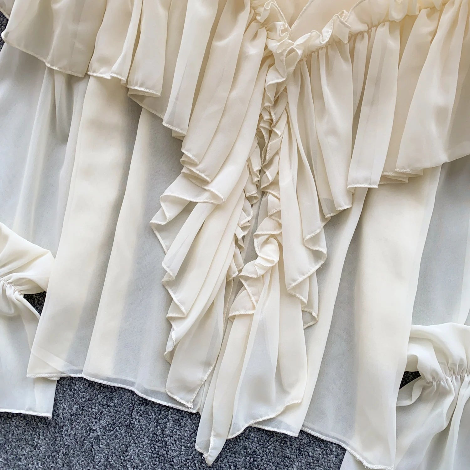 SINGREINY Chic Ruffles Splice Chiffon Blouse V Neck Flared Sleeve Loose Tops 2025 Fashion Solid Fairycore Vacation Women Shirt