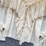 SINGREINY Chic Ruffles Splice Chiffon Blouse V Neck Flared Sleeve Loose Tops 2025 Fashion Solid Fairycore Vacation Women Shirt