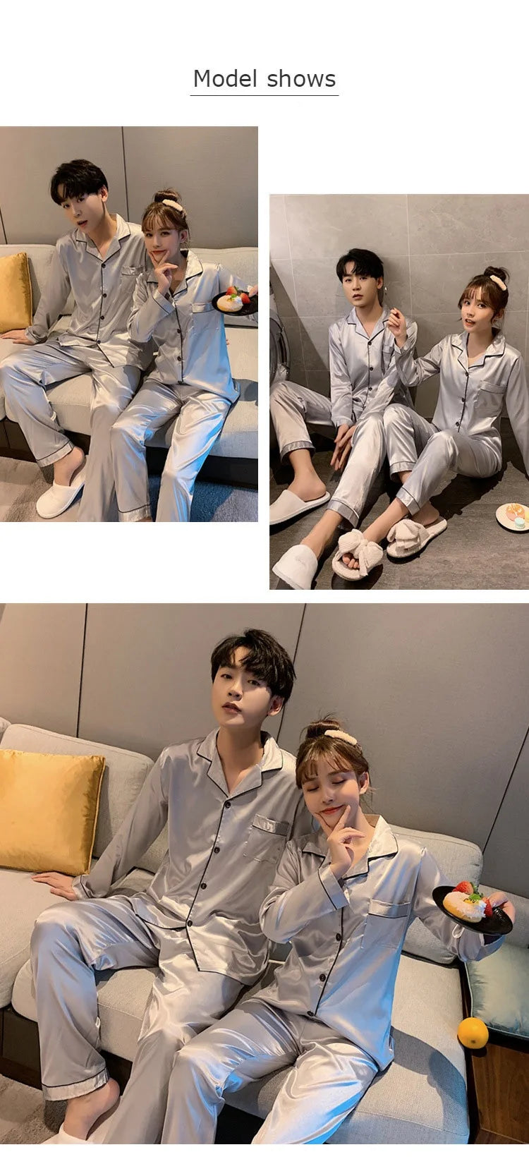 Solid Color Sleepwear Silk Satin Pajamas Couple Set Long Button-Down Pyjamas Suit Pijama Women Men Loungewear Plus Size Pj Set