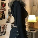 Goth Dark Autumn Winter Faux Fur Collar Solid Hooded Coats Women Casual Slim Waist Zip Hoodies Gothic Jackets Chic Streetwear