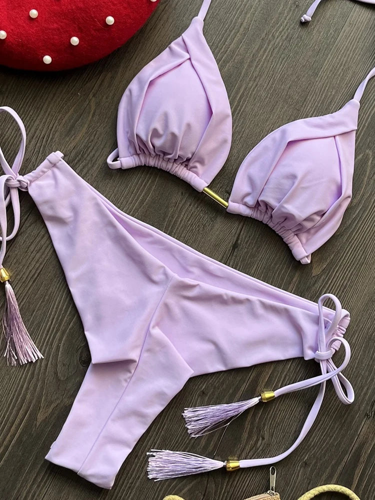 2025 New Sexy Triangle Bathing Suit for Women Brazilian Bikinis Halter Swimwear Push Up Swimsuit Metal Chain Beach Bikini Set