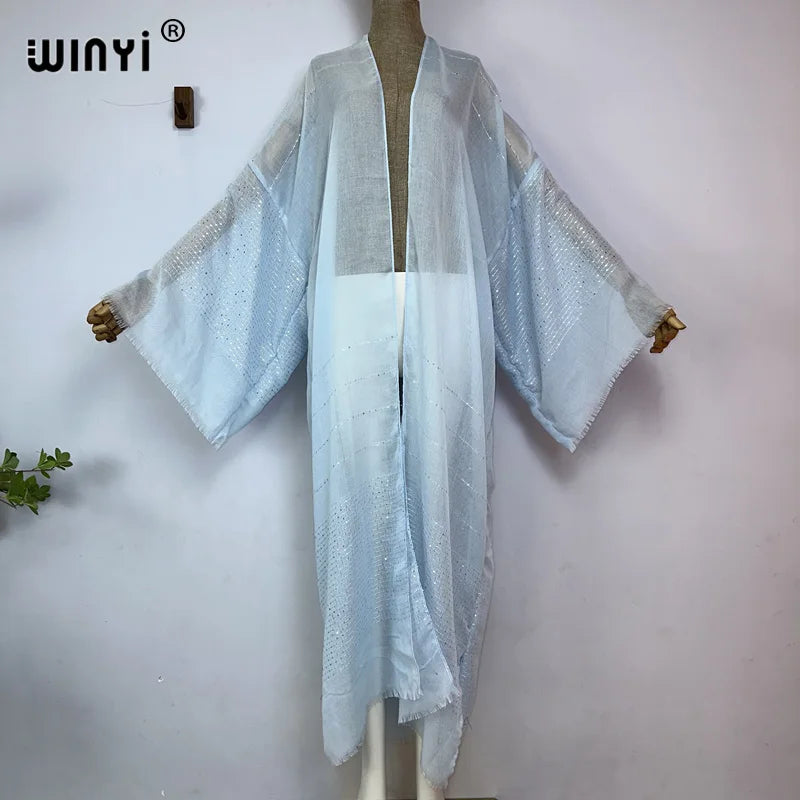WINYI 2023 Women Bohemian Gold Thread Monochrome Elegant Casual Dress African Cardigans Outerwear For Women Summer Sexy Kimono