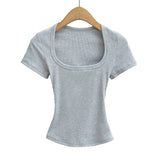 Summer square neck high elasticity crop top women's short sleeved sexy top slim fit pullover base shirt