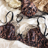 French Ultra Thin Women Lingerie Set Sexy Satin Lace Splicing Comfort Bras Leopard Print Temptation Bra and Thong Sets Underwear