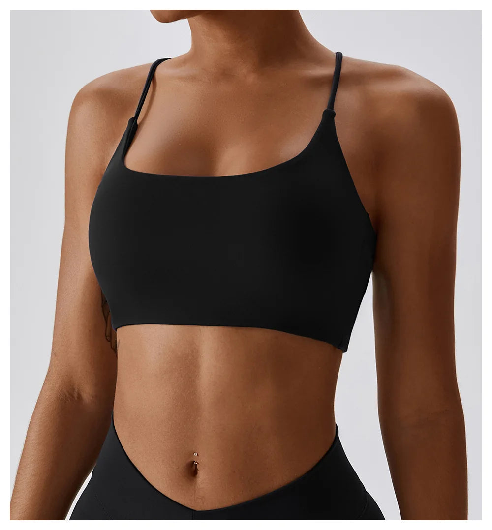Solid Color U-Shaped Multi-Strap Cross Back Women Fitness Sports Bra Top Gym Yoga Athletic Tight Workout Jog Soft With Chest Pad