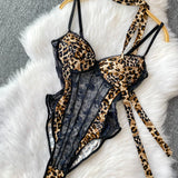 Women Hotsweet V-neck leopard slim  Vintage Straps Bodysuits Chic lace Jumpsuits Slim Top Clothing