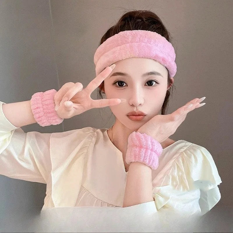 Women's Soft Coral Fleece Headband Wide Bow Hair Band Wristband for Skincare Face Washing Hair Accessories