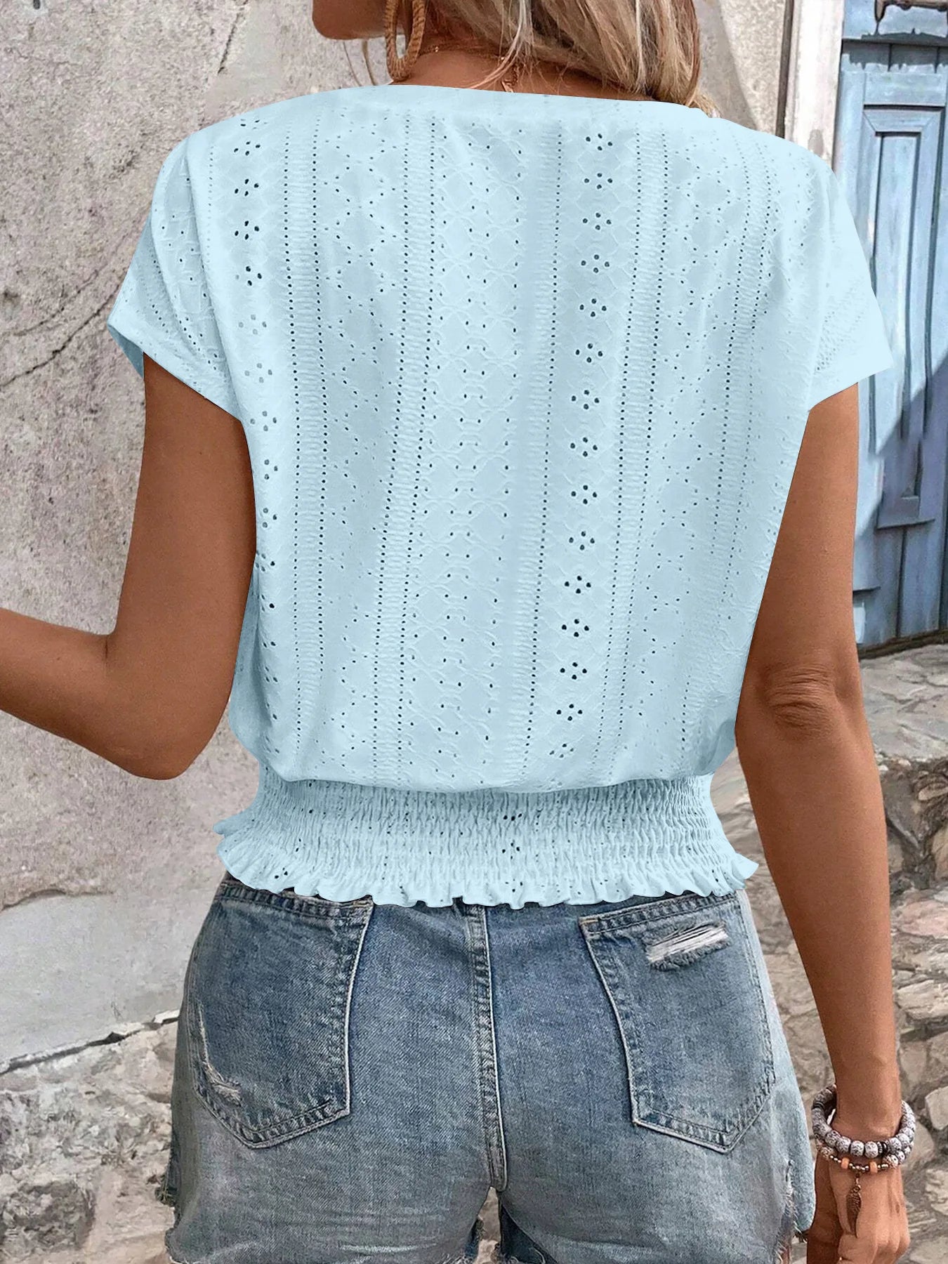 2025 Spring Summer New Fashion Blouses Solid V-Neck Jacquard Hollow-Out Smocking Short-Sleeve Shirts Fashion Casual Women's Tops
