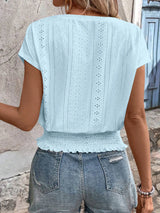 2025 Spring Summer New Fashion Blouses Solid V-Neck Jacquard Hollow-Out Smocking Short-Sleeve Shirts Fashion Casual Women's Tops