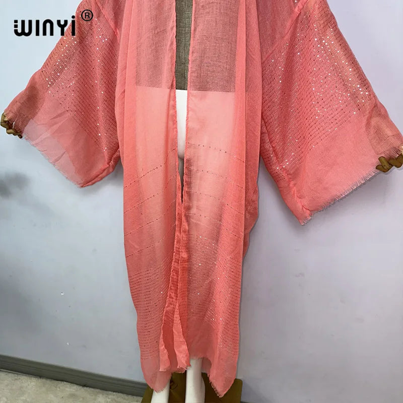 WINYI 2023 Women Bohemian Gold Thread Monochrome Elegant Casual Dress African Cardigans Outerwear For Women Summer Sexy Kimono