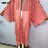 WINYI 2023 Women Bohemian Gold Thread Monochrome Elegant Casual Dress African Cardigans Outerwear For Women Summer Sexy Kimono