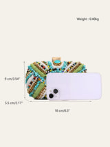 Women's Glamorous Luxury Colorful Beads Pearls Clutch Metal Frame Case Evening Bag Long Chain Purse Party Holiday Travel Tribal