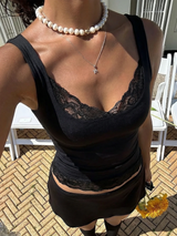 Dulzura Square Collar Backless Slim Lace Ruffles Patchwork Tank Top Women'S Fashion Sexy Y2K Top Party Vacation Summer Clothes