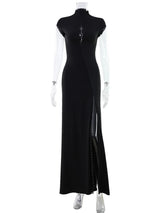 CNYISHE Short Sleeve O Neck Women Dresses Split Metal Buckle Solid Sheath Sexy Club Fashion Evening Party Outfits Female Bodycon