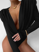 Weird Puss Deep v Swing Collar Bodysuits Woman Elegant Ruched Full Sleeve Skinny Stretch Basic Wild Spring Fashion Body Tops