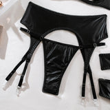 Sexy Hollow Out Leather Lingerie Set Women's Solid Simple Three Piece Underwear Set Female Sujetadores Transparente Para Mujeres