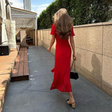 Contrast Single Breasted Knitted Dress For Women Elegant Lapel Short Sleeve Hollow Out Chic Dresses Female Red Black Vestidos