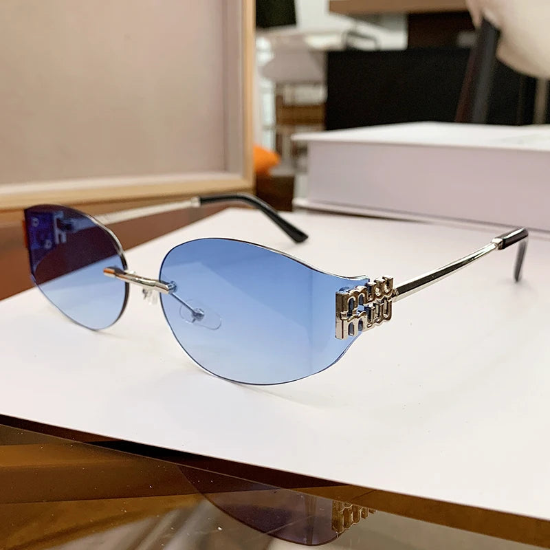 Rimless Oval Sunglasses Women UV400 Oversized Gradient Black Lenses Metal Frame Punk Decorative Glasses Men Goggles Female