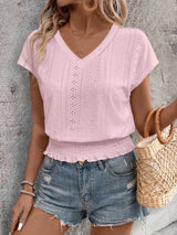 2025 Spring Summer New Fashion Blouses Solid V-Neck Jacquard Hollow-Out Smocking Short-Sleeve Shirts Fashion Casual Women's Tops