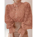 New Women's Long Sleeve High Neck  Chic Blouse, Lace Paneled Hollow Sleeve Elegant Top, Vintage Fashion Office Lady Outfits