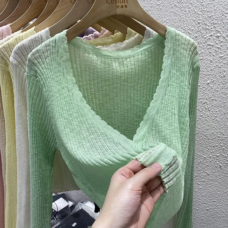 Summer Short Ice Silk Knitted Sun Protection Cardigan Women's Thin Suspender Skirt Layered Gauze Jacket Air-conditioned Cover Up