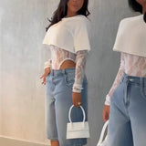 Sexy Women Crop Top+Lace Jacquard Full Sleeve Bodysuit Hottie Street Clubwear Slim Fit Wild Matching Basic Skinny Tees+Jumpsuit