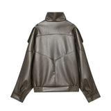 Women's Jacket 2026 Autunm  New Black Long Sleeve Pebble Faux Leather Jacket Motorcycle Style Personality Fashion