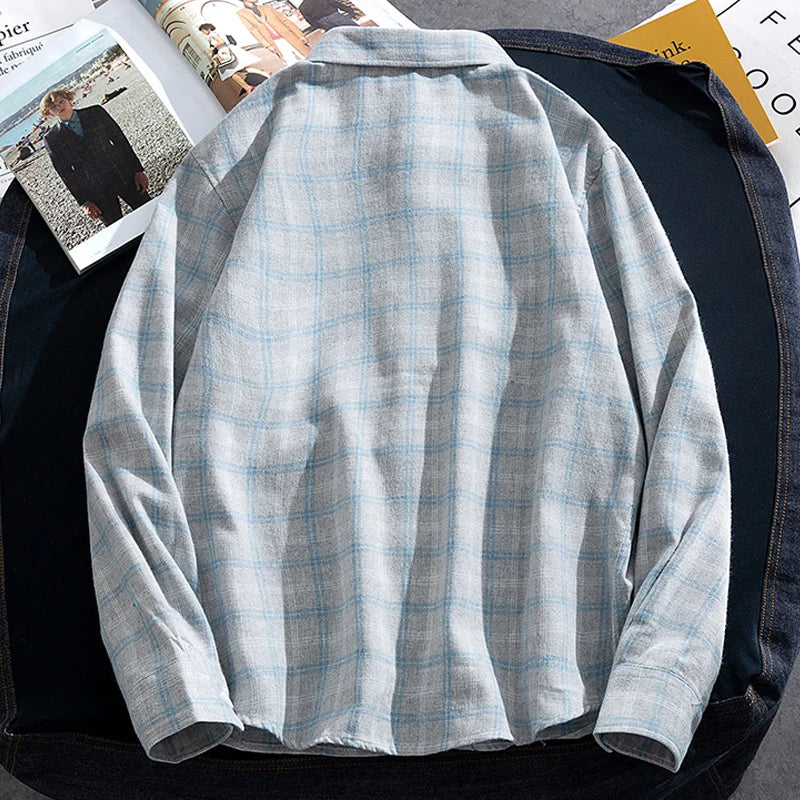 Men's Casual Plaid Shirts Autumn Fashion Long-sleeved T-shirts Korean Loose High Street Shirt Outwear Young Adults Spring Top