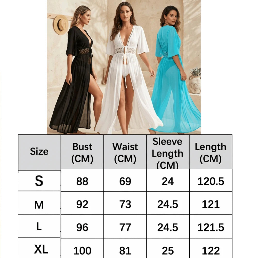 V Neck Summer Beach Cover Up Long Sleeve Ruffled Bikini Sunscreen Smock Vacation Casual Swimsuit Cover Up Dress for Women
