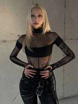 Weird Puss Coquette See Through Bodysuit Women Sexy Wild Mesh Hipster Patchwork Full Sleeve Midnight Stretch Street Clubwear