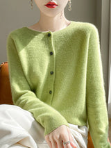 Women 100% Merino Wool Cardigan Soft O-Neck Cashmere Sweater OL Buttoned Knitwear Casual Top Clothing Korean Style