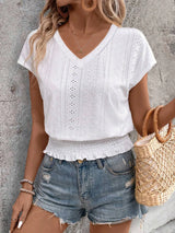 2025 Spring Summer New Fashion Blouses Solid V-Neck Jacquard Hollow-Out Smocking Short-Sleeve Shirts Fashion Casual Women's Tops