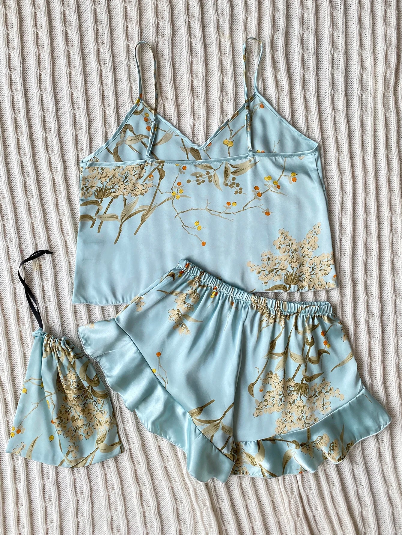 Elegant Floral Print Cami Tops Ruffle Hem Shorts Pajama Set  Women's Sleepwear Loungewear