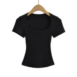 Summer square neck high elasticity crop top women's short sleeved sexy top slim fit pullover base shirt