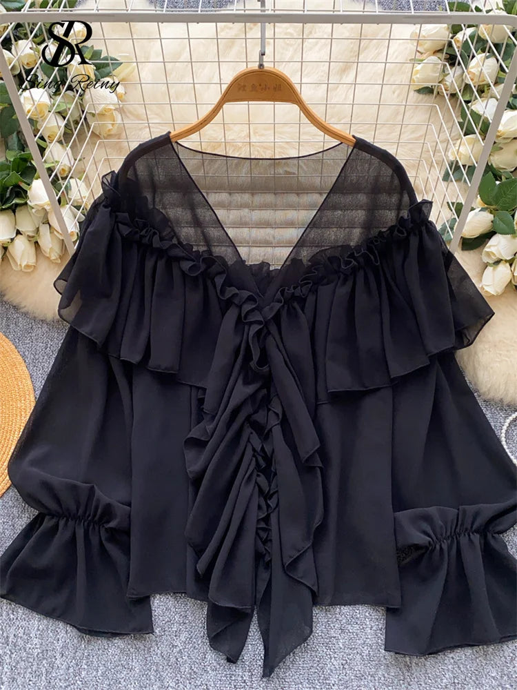 SINGREINY Chic Ruffles Splice Chiffon Blouse V Neck Flared Sleeve Loose Tops 2025 Fashion Solid Fairycore Vacation Women Shirt