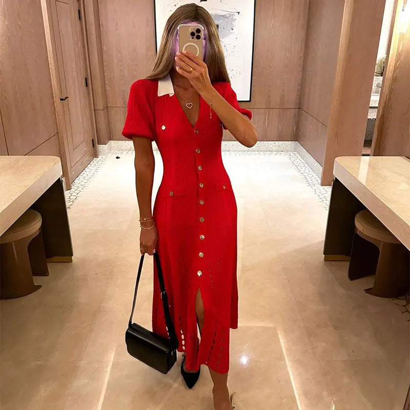 Contrast Single Breasted Knitted Dress For Women Elegant Lapel Short Sleeve Hollow Out Chic Dresses Female Red Black Vestidos