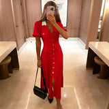 Contrast Single Breasted Knitted Dress For Women Elegant Lapel Short Sleeve Hollow Out Chic Dresses Female Red Black Vestidos