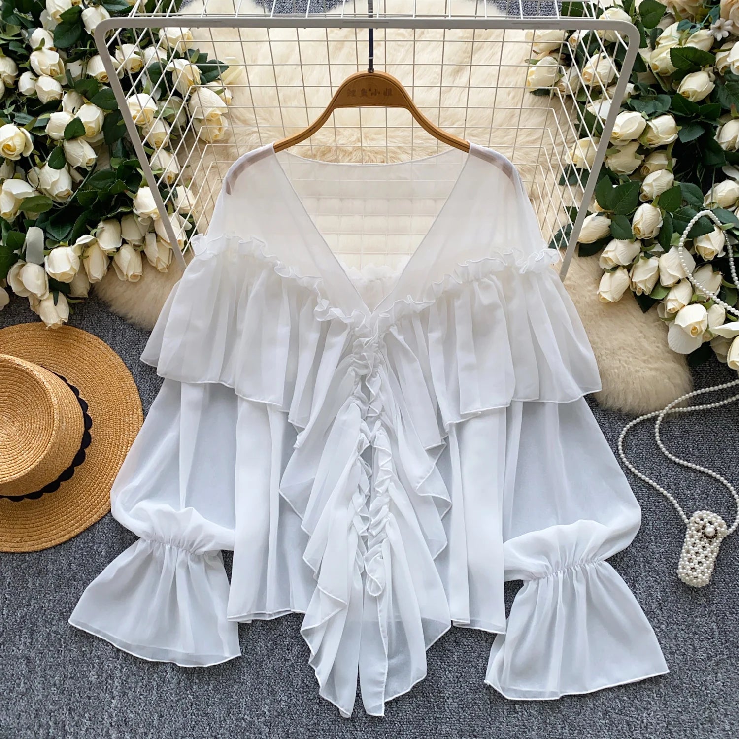 SINGREINY Chic Ruffles Splice Chiffon Blouse V Neck Flared Sleeve Loose Tops 2025 Fashion Solid Fairycore Vacation Women Shirt