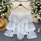 SINGREINY Chic Ruffles Splice Chiffon Blouse V Neck Flared Sleeve Loose Tops 2025 Fashion Solid Fairycore Vacation Women Shirt