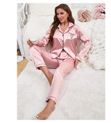 Women's Home Clothes Satin Pajama Autumn Long Sleeve Pocket Heart-shaped Embroidery Tops & Pants Pyjama Femme Loungewear Pj Set