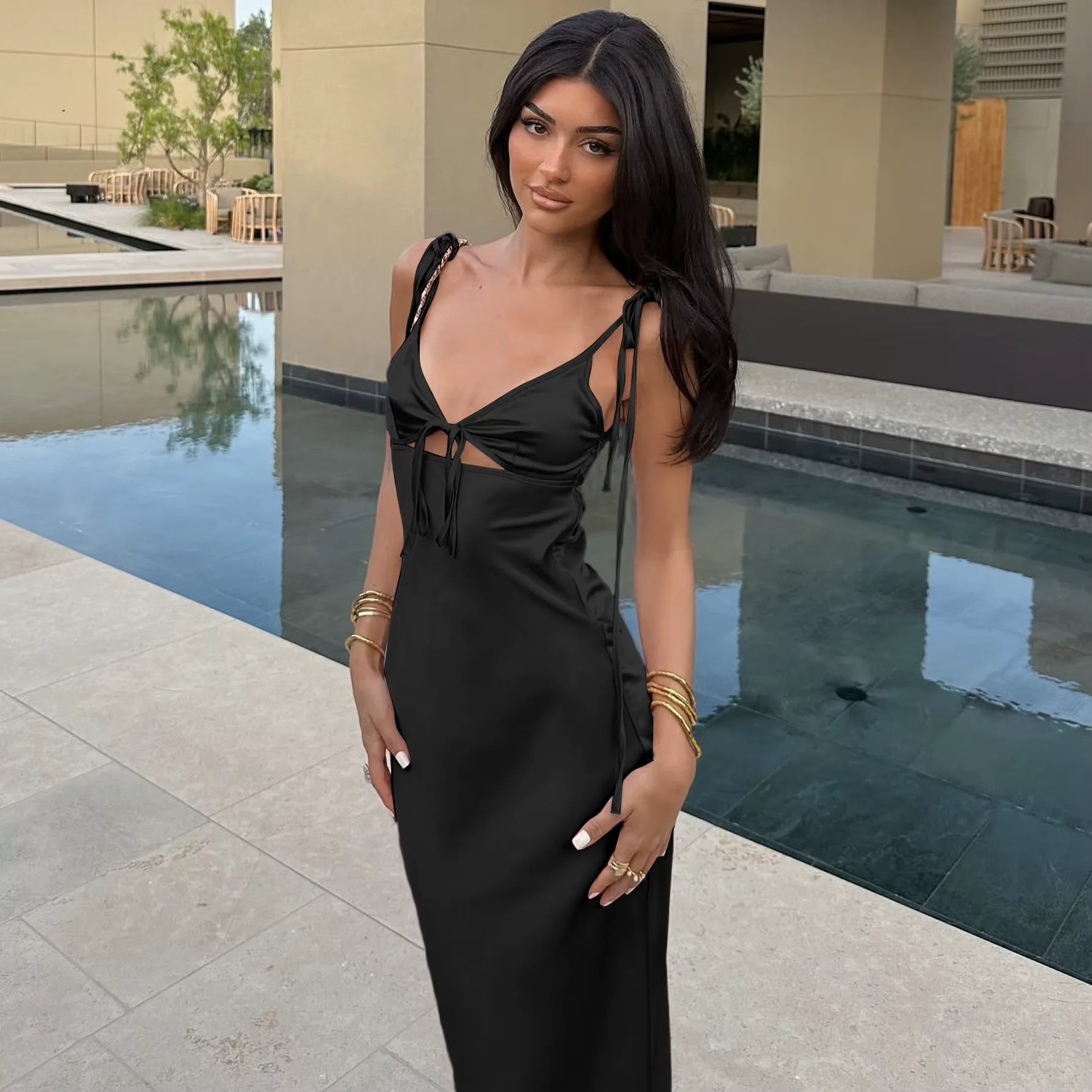 Dulzura Backless Lace Up Spaghetti Straps Cut Out Midi Dress Women Club Holiday Evening Party Dresses Y2K Clothes Drop Shipping