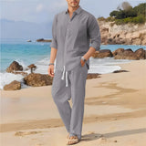 Spring, Summer Autumn New Men's Casual Long-Sleeved Set, Solid Shirt and Pants - Comfortable and Fashionable Two-Piece Set